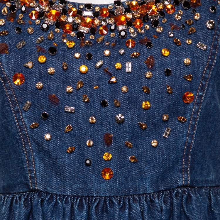Pre Owned Miu Miu Blue Embellished Denim Sleeveless Mini Dress S