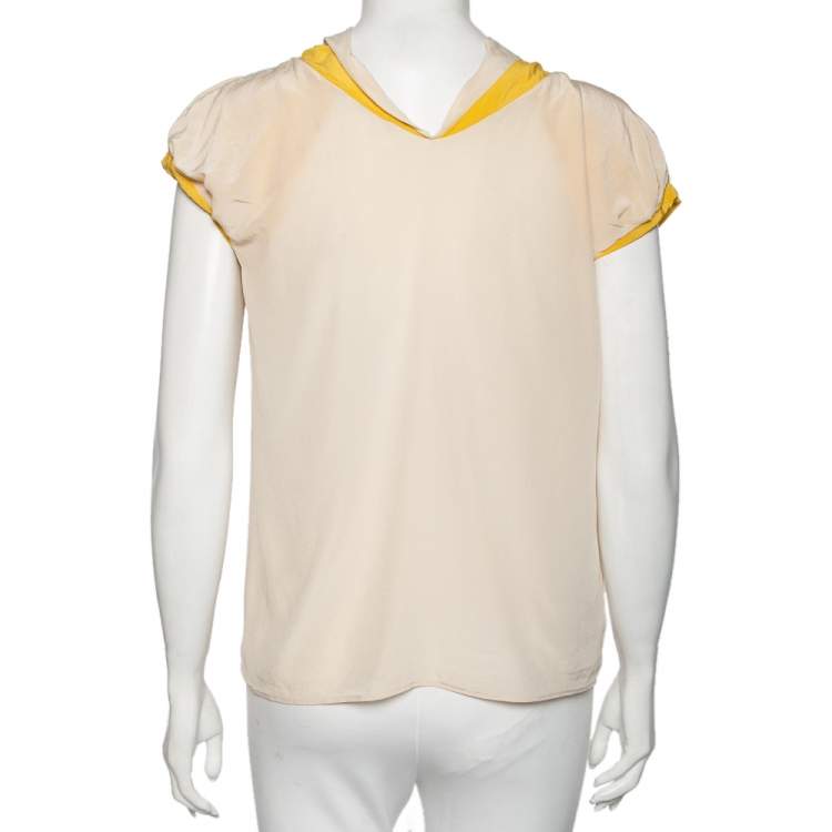 Pre Owned Miu Miu Cream & Yellow Paneled Silk Neck Tie Detailed Top M