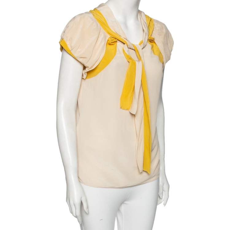 Pre Owned Miu Miu Cream & Yellow Paneled Silk Neck Tie Detailed Top M