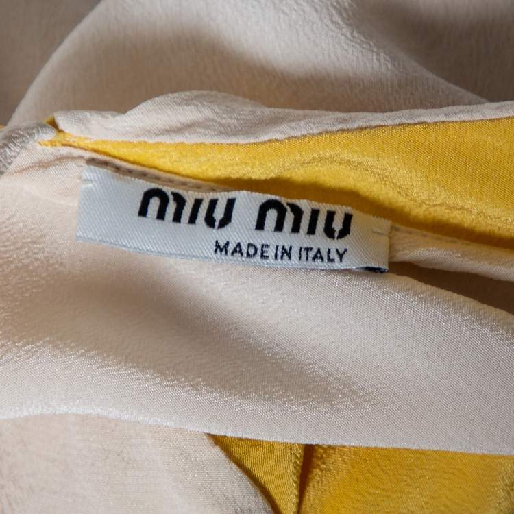 Pre Owned Miu Miu Cream & Yellow Paneled Silk Neck Tie Detailed Top M
