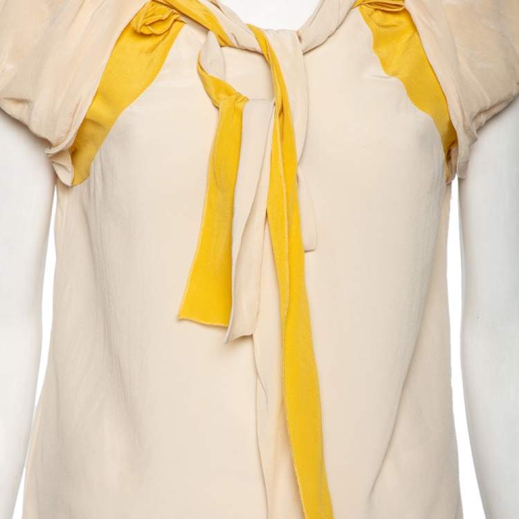 Pre Owned Miu Miu Cream & Yellow Paneled Silk Neck Tie Detailed Top M