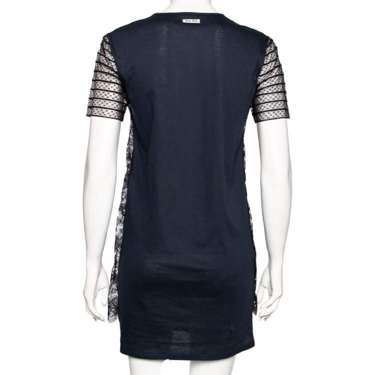 Pre Owned Miu Miu Navy Blue & Black Lace Overlay Cotton Short Dress M 