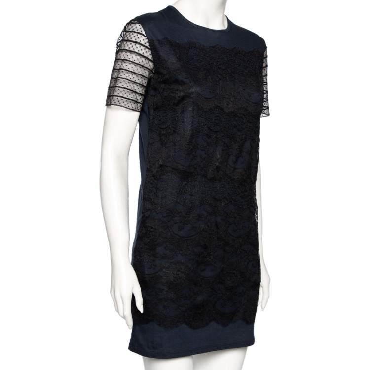 Pre Owned Miu Miu Navy Blue & Black Lace Overlay Cotton Short Dress M 