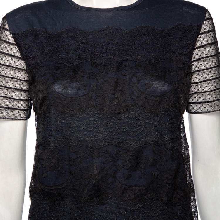 Pre Owned Miu Miu Navy Blue & Black Lace Overlay Cotton Short Dress M 