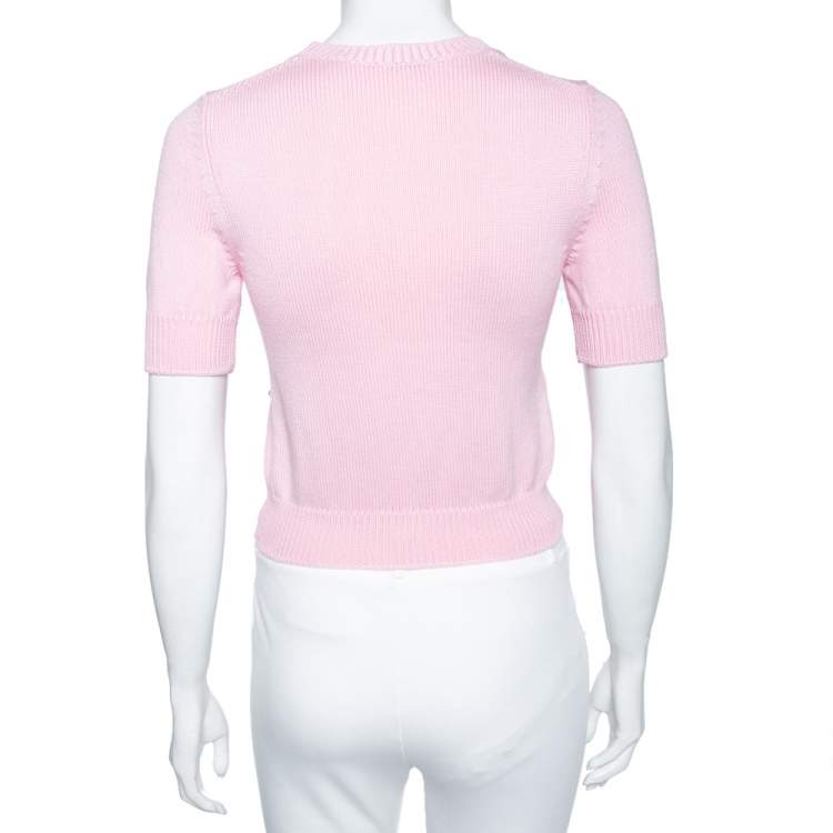 Pre Owned Miu Miu Pink Wool Knit Pearl Embellished Sweater XS