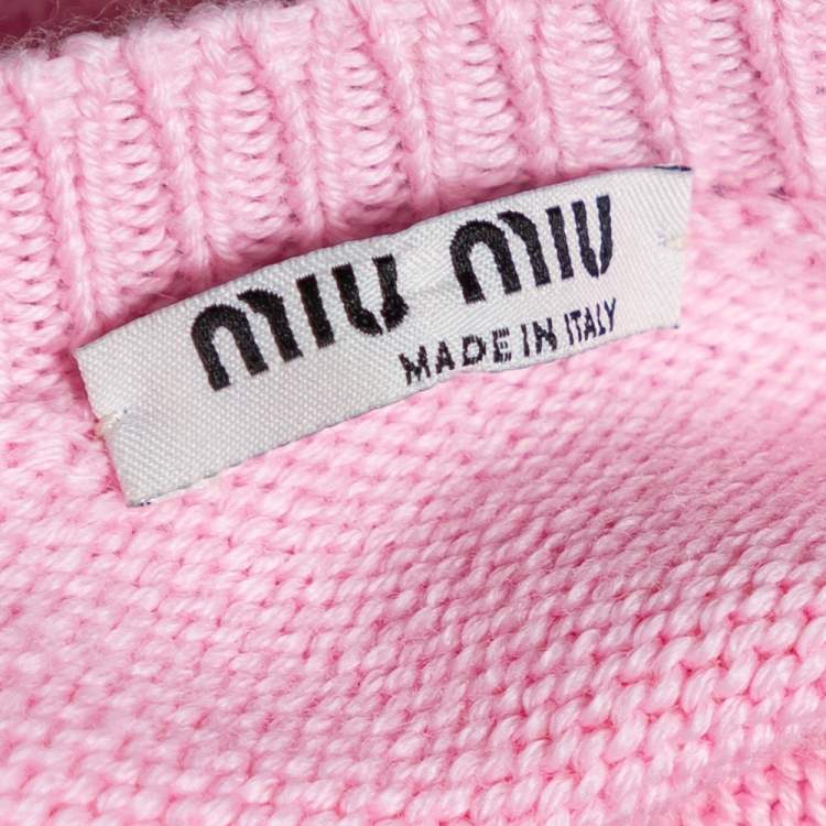 Pre Owned Miu Miu Pink Wool Knit Pearl Embellished Sweater XS