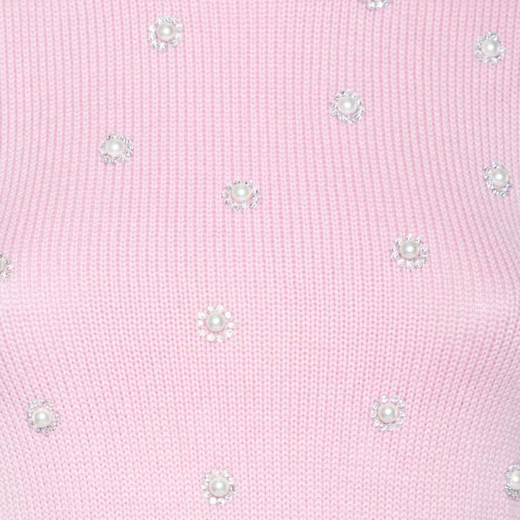 Pre Owned Miu Miu Pink Wool Knit Pearl Embellished Sweater XS