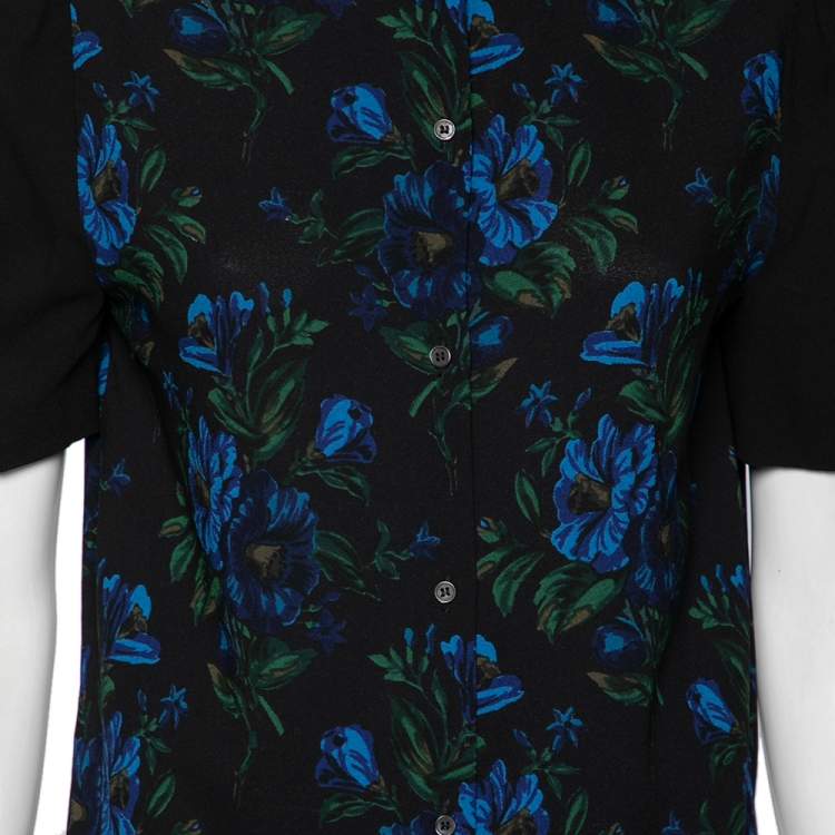 Pre Owned Miu Miu Black Floral Print Crepe Ruched Sleeve Detailed Blouse M