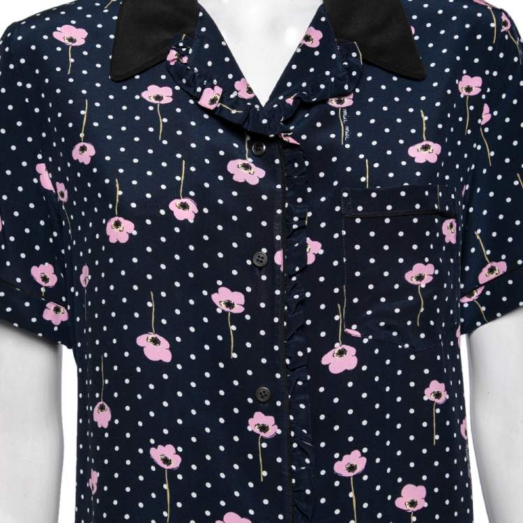Pre Owned Miu Miu Navy Blue Polka Dot Printed Silk Ruffled Shirt M