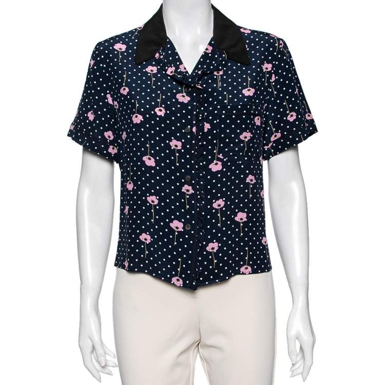 Pre Owned Miu Miu Navy Blue Polka Dot Printed Silk Ruffled Shirt M