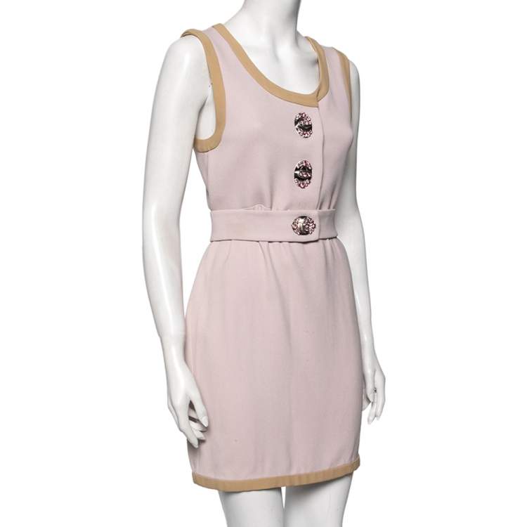 Pre Owned Miu Miu Pink Crepe Contrast Trim Belted Sleeveless Dress S