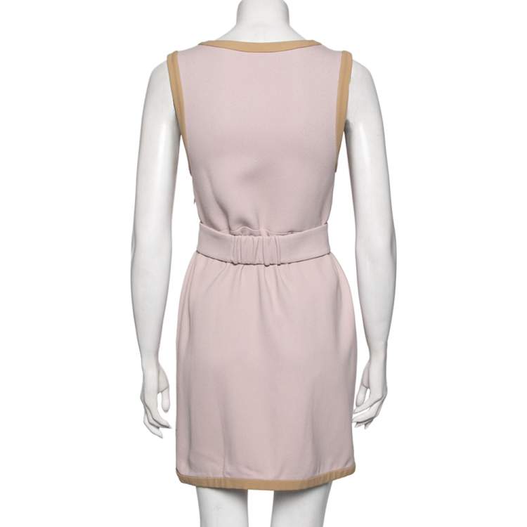 Pre Owned Miu Miu Pink Crepe Contrast Trim Belted Sleeveless Dress S