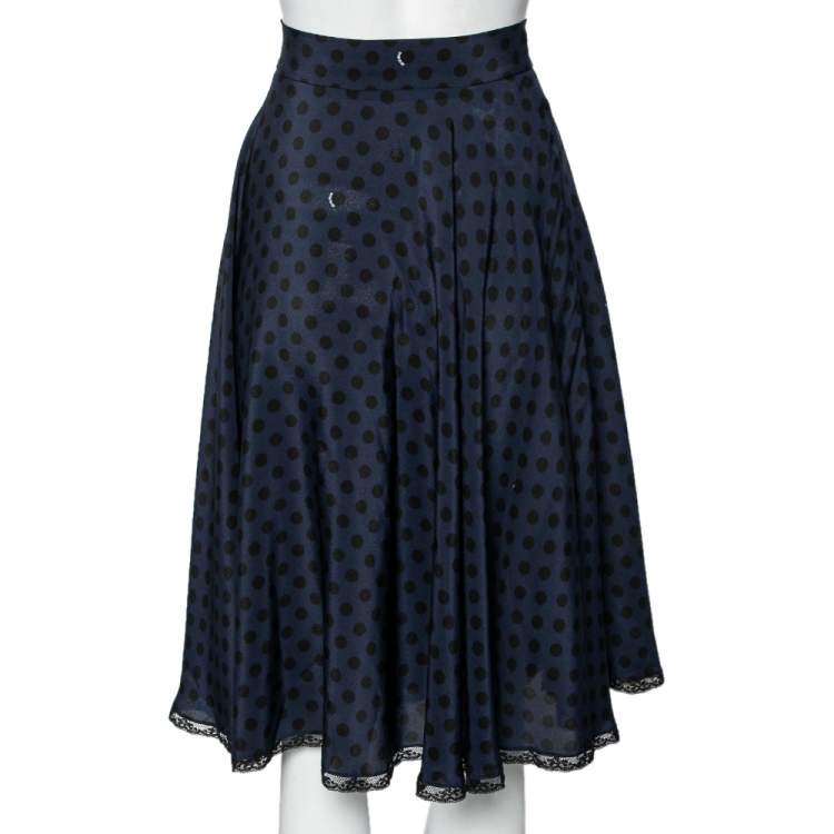 Pre Owned Miu Miu Navy Blue Polka Dotted Silk Lace Trim Detailed Skirt M