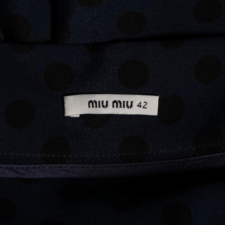 Pre Owned Miu Miu Navy Blue Polka Dotted Silk Lace Trim Detailed Skirt M