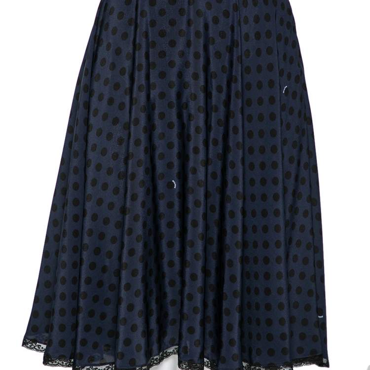Pre Owned Miu Miu Navy Blue Polka Dotted Silk Lace Trim Detailed Skirt M