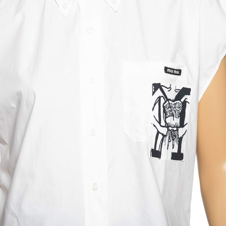 Pre Owned Miu Miu White Cotton Printed Pocket Detail Sleeveless Shirt S