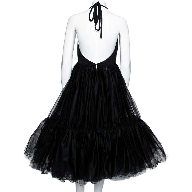 Pre Owned Miu Miu Black Tulle Plunge Neck Halter Neck Flared Dress M