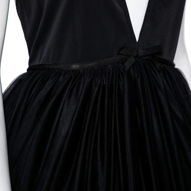Pre Owned Miu Miu Black Tulle Plunge Neck Halter Neck Flared Dress M