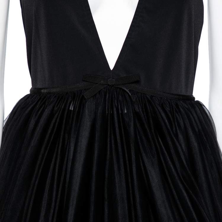 Pre Owned Miu Miu Black Tulle Plunge Neck Halter Neck Flared Dress M