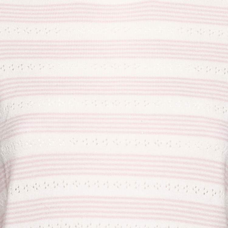 Pre Owned Miu Miu Cream & Pink Striped Perforated Wool Knit Jumper S