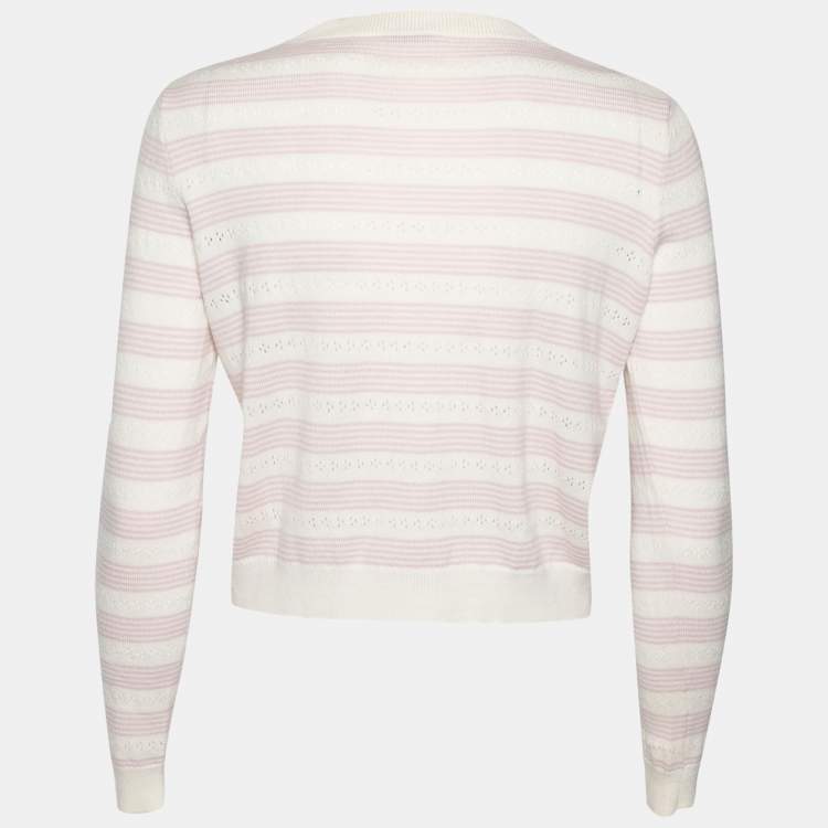Pre Owned Miu Miu Cream & Pink Striped Perforated Wool Knit Jumper S