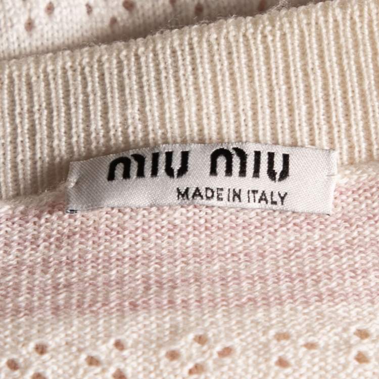 Pre Owned Miu Miu Cream & Pink Striped Perforated Wool Knit Jumper S
