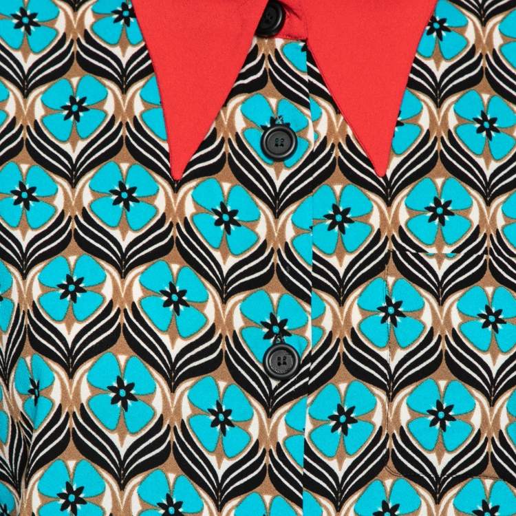 Pre Owned Miu Miu Blue Floral Printed Crepe Sleeveless Button Front Collar Top S