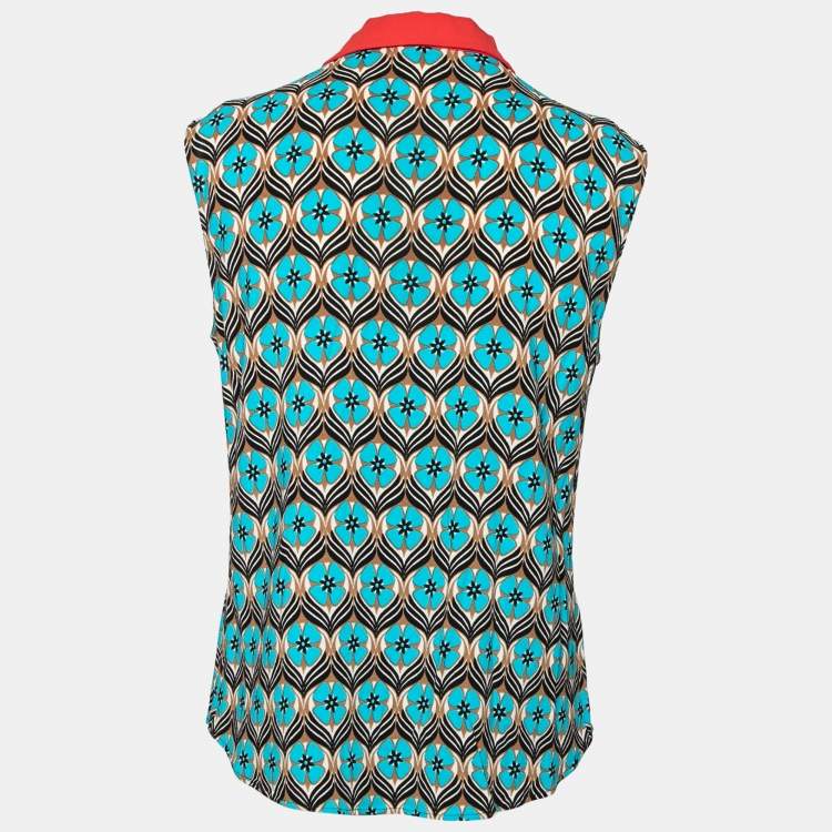 Pre Owned Miu Miu Blue Floral Printed Crepe Sleeveless Button Front Collar Top S