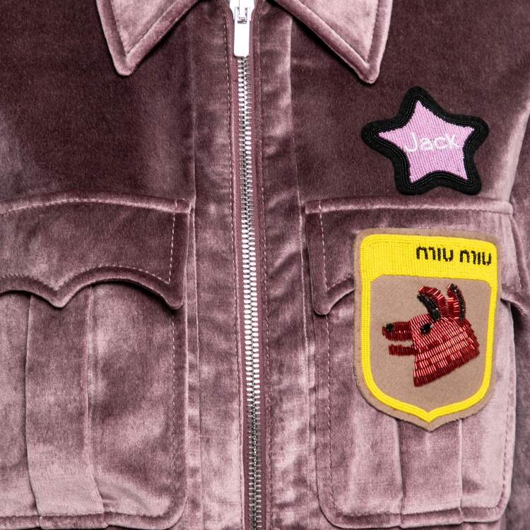 Pre Owned Miu Miu Lilac Velvet Bead Embellished Patch Detail Biker Jacket S