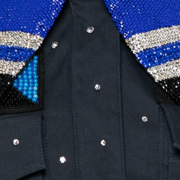 Pre Owned Miu Miu Navy Blue Embellished Cotton Bead Embroidered Halter Neck Jumpsuit S