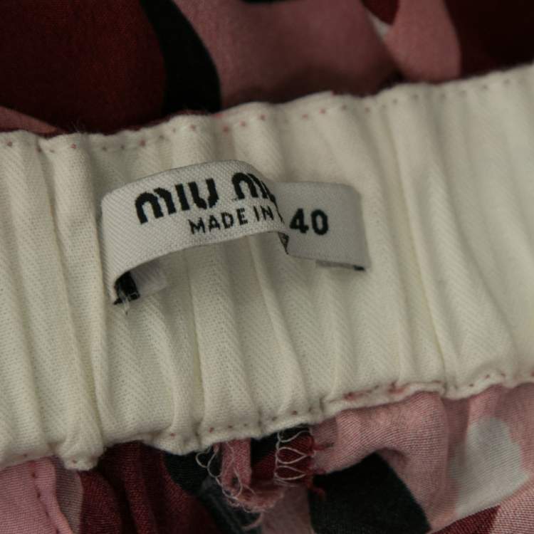 Pre Owned Miu Miu Pink Printed Silk Cropped Straight Leg Pants S