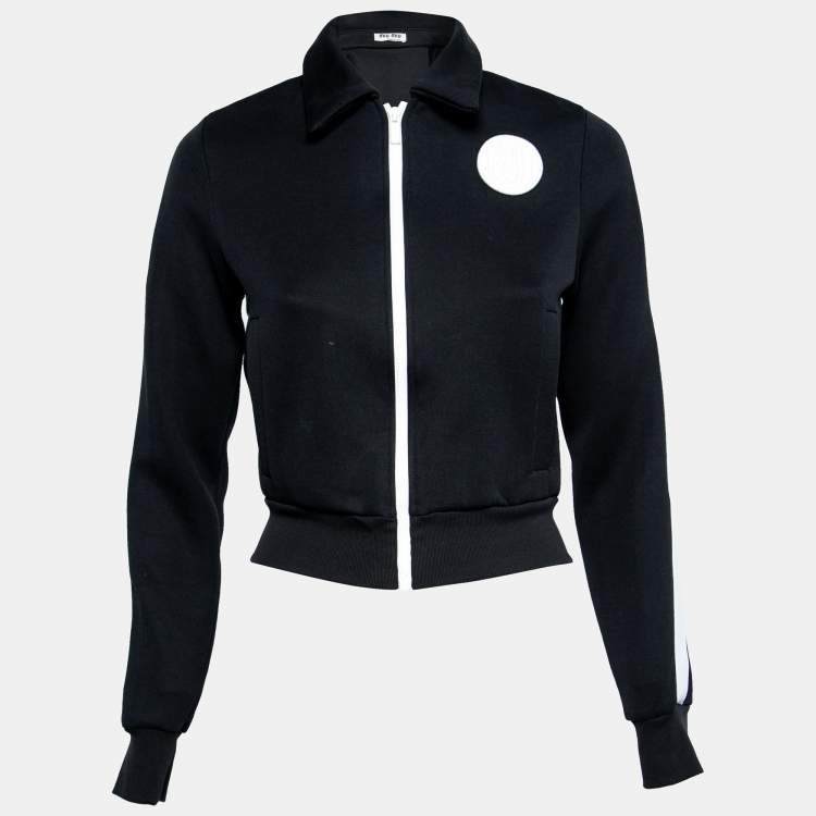 Pre Owned Miu Miu Navy Blue Cotton Knit Logo Embroidered Zip Front Jacket XS