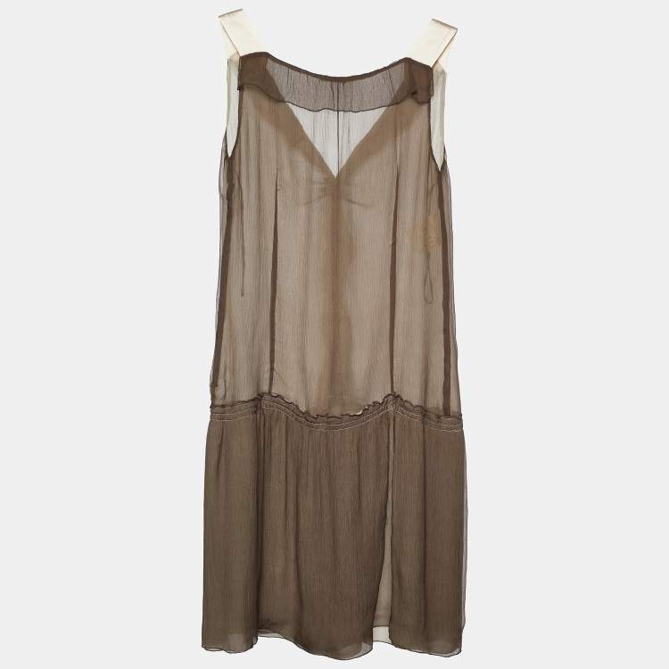 Pre Owned Miu Miu Brown Silk Plisse Ruffled Sleeveless Dress M
