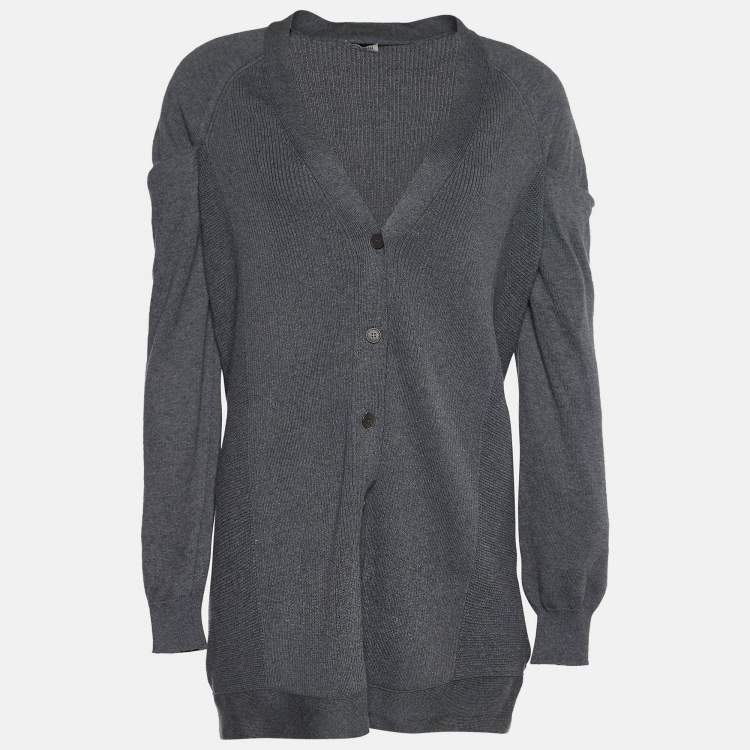 Pre Owned Miu Miu Grey Rib Knit Draped Sleeve Cardigan S