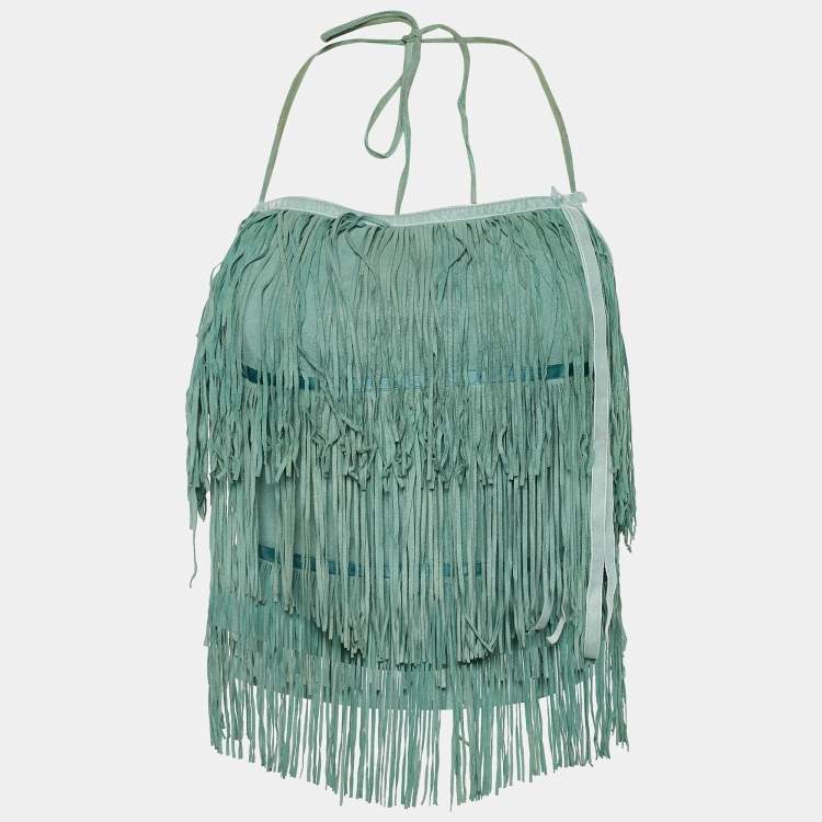 Pre Owned Miu Miu Green Suede Fringe Detail Crop Top L