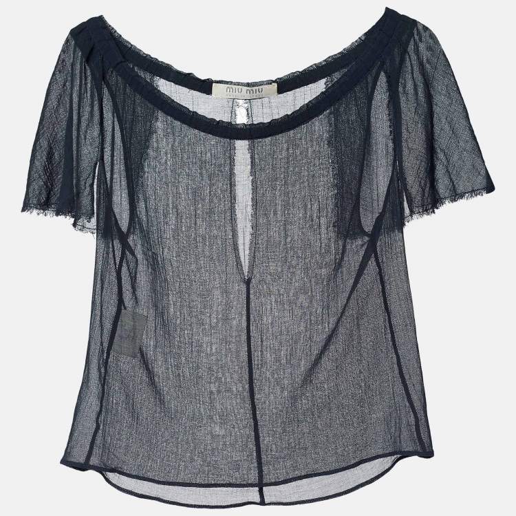 Pre Owned Miu Miu Dark Blue Cotton Sheer Top M
