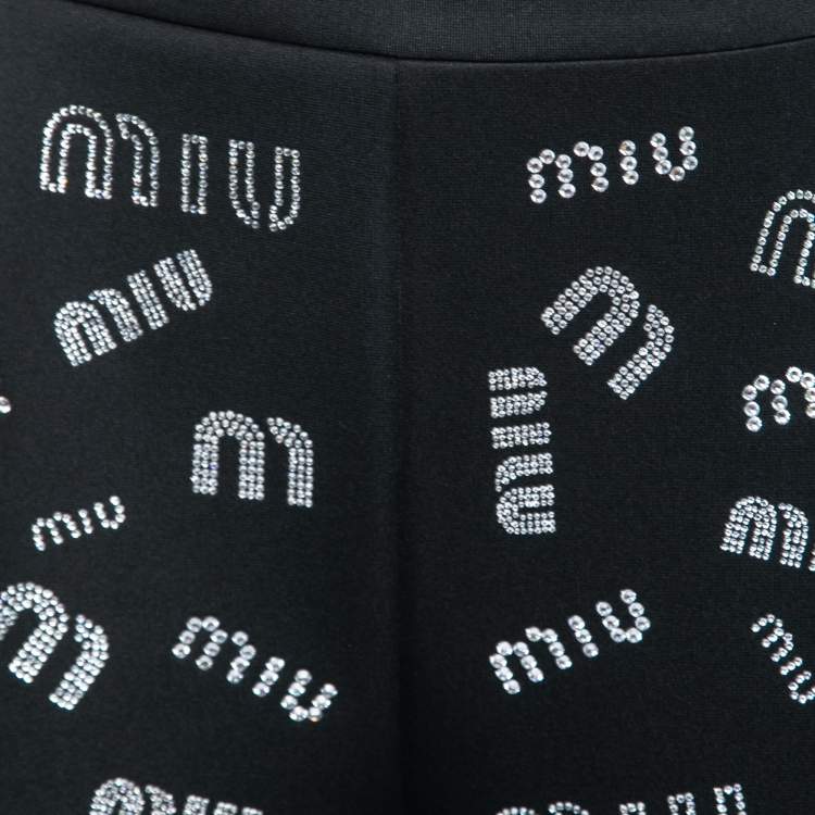 Pre Owned Miu Miu Black Stretch Knit Crystal Embellished Logo Leggings S