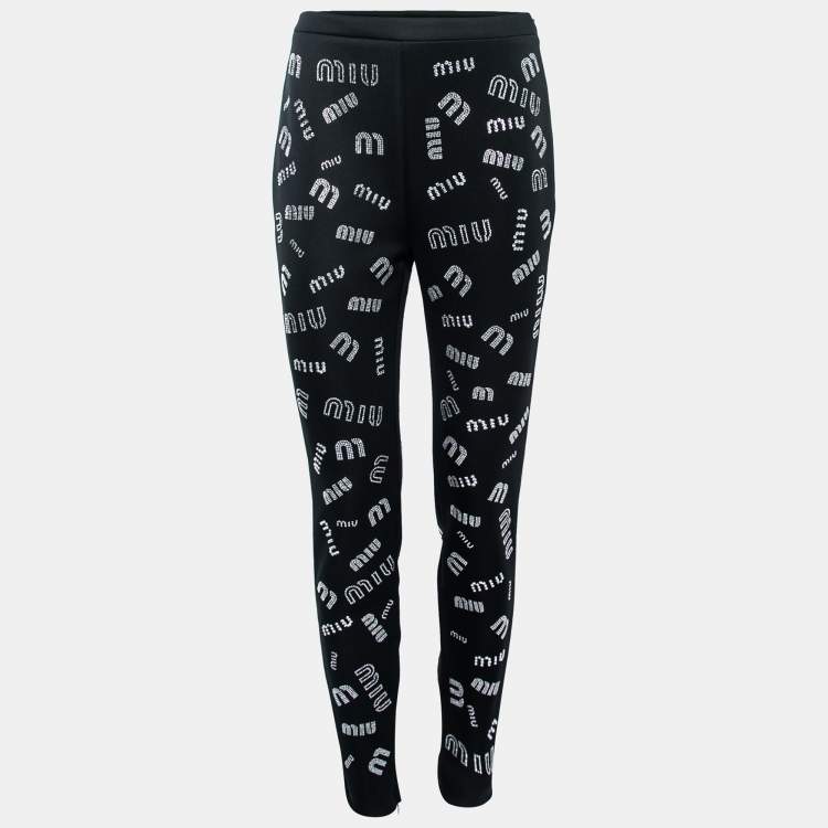 Pre Owned Miu Miu Black Stretch Knit Crystal Embellished Logo Leggings S