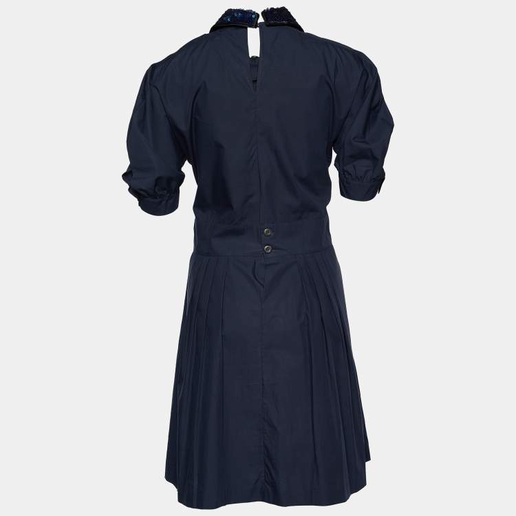 Pre Owned Miu Miu Dark Blue Cotton Sequin Collar Pleated Dress M