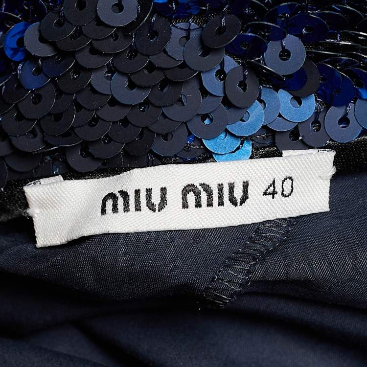 Pre Owned Miu Miu Dark Blue Cotton Sequin Collar Pleated Dress M