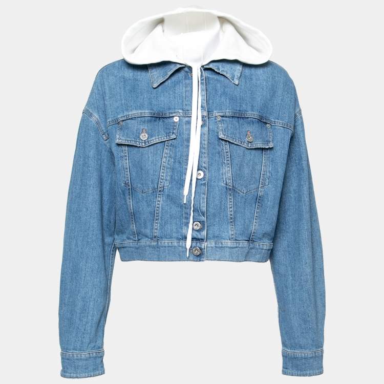 Pre Owned Miu Miu Blue Denim Cropped Hooded Jacket S