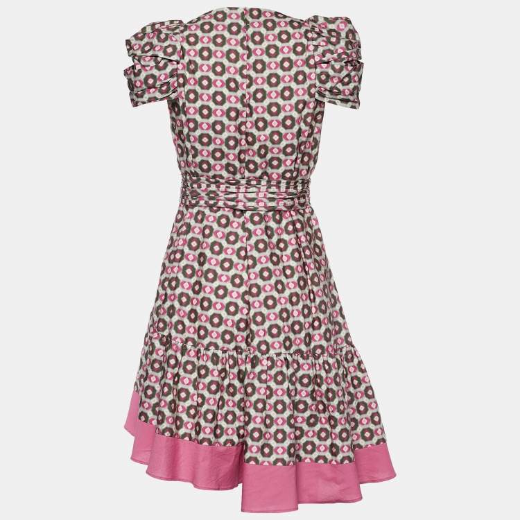 Pre Owned Miu Miu Pink Geometric Print Cotton Pleated & Belted Dress S