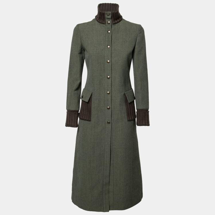 Pre Owned Miu Miu Olive Green Wool Ribbed Knit Detail Long Coat S
