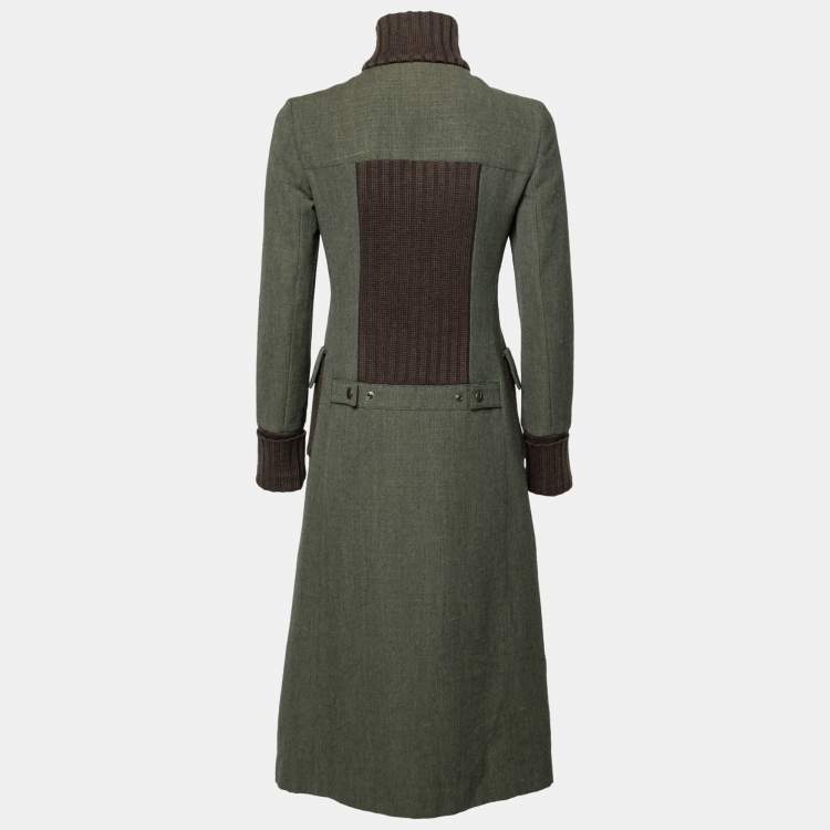 Pre Owned Miu Miu Olive Green Wool Ribbed Knit Detail Long Coat S