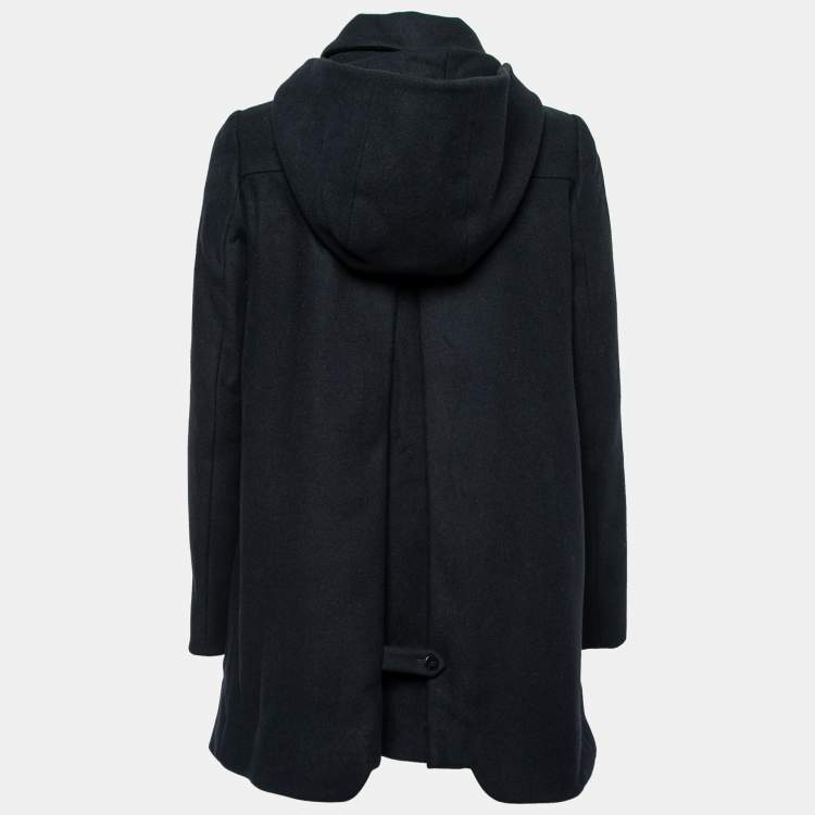 Pre Owned Miu Miu Black Wool Buckle Detail Hooded Peacoat S