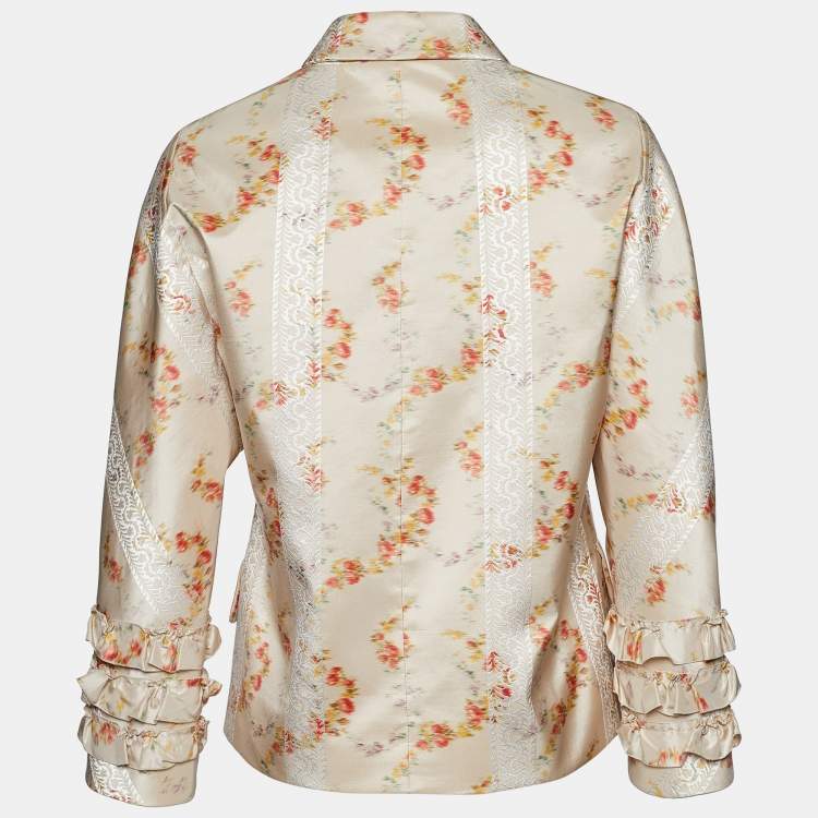 Pre Owned Miu Miu Cream Printed Silk Taffeta Button Front Jacket S