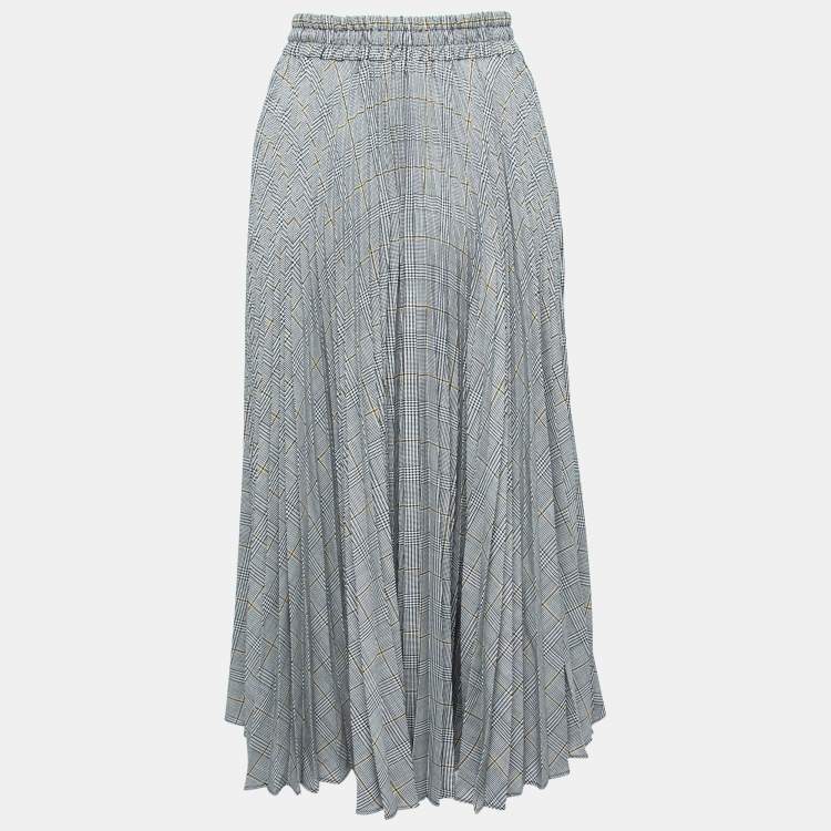 Pre Owned Miu Miu Grey Check Patterned Crepe Pleated Maxi Skirt S