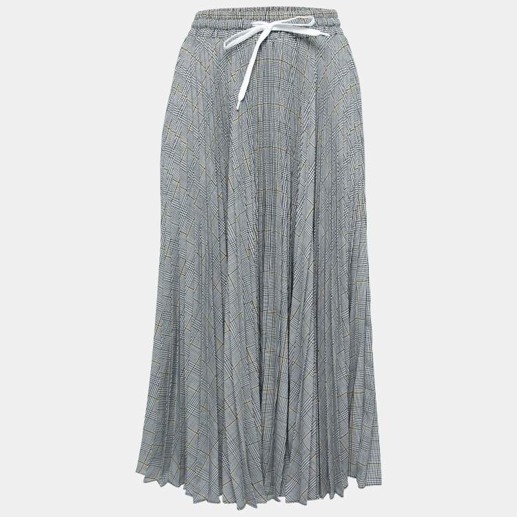 Pre Owned Miu Miu Grey Check Patterned Crepe Pleated Maxi Skirt S