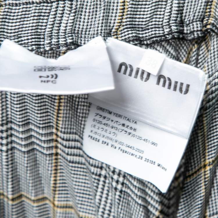 Pre Owned Miu Miu Grey Check Patterned Crepe Pleated Maxi Skirt S
