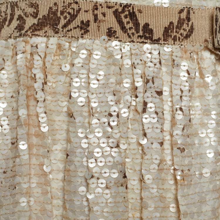 Pre Owned Miu Miu Cream Sequined & Printed Cotton Sleeveless Dress M